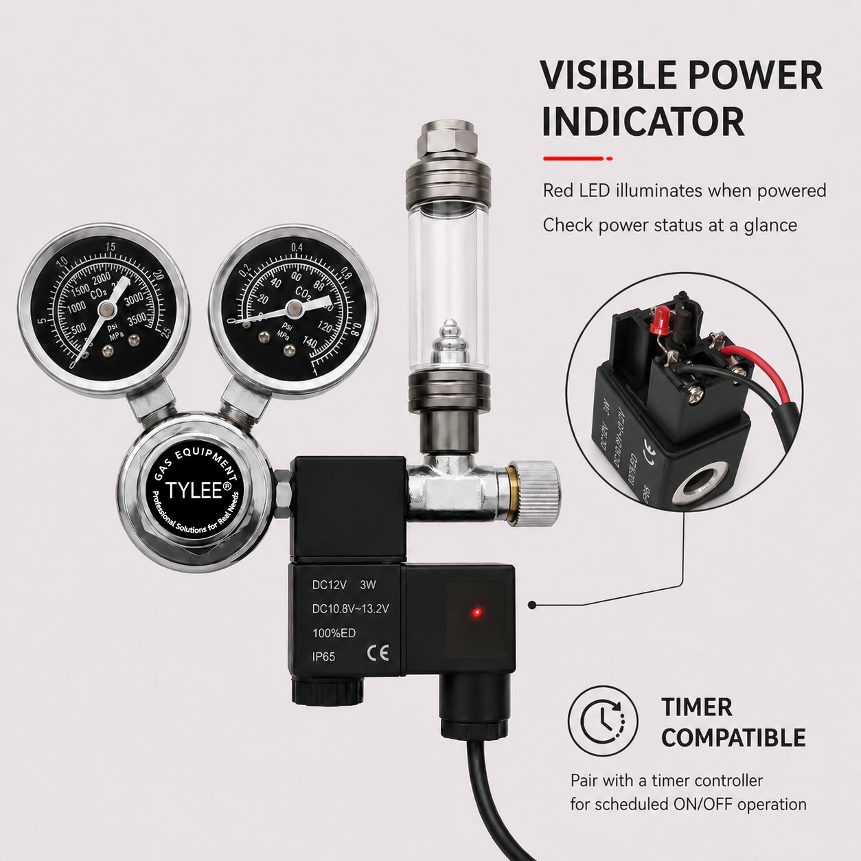 CO2 Regulator with Solenoid Valve and Bubble Counter, Brass