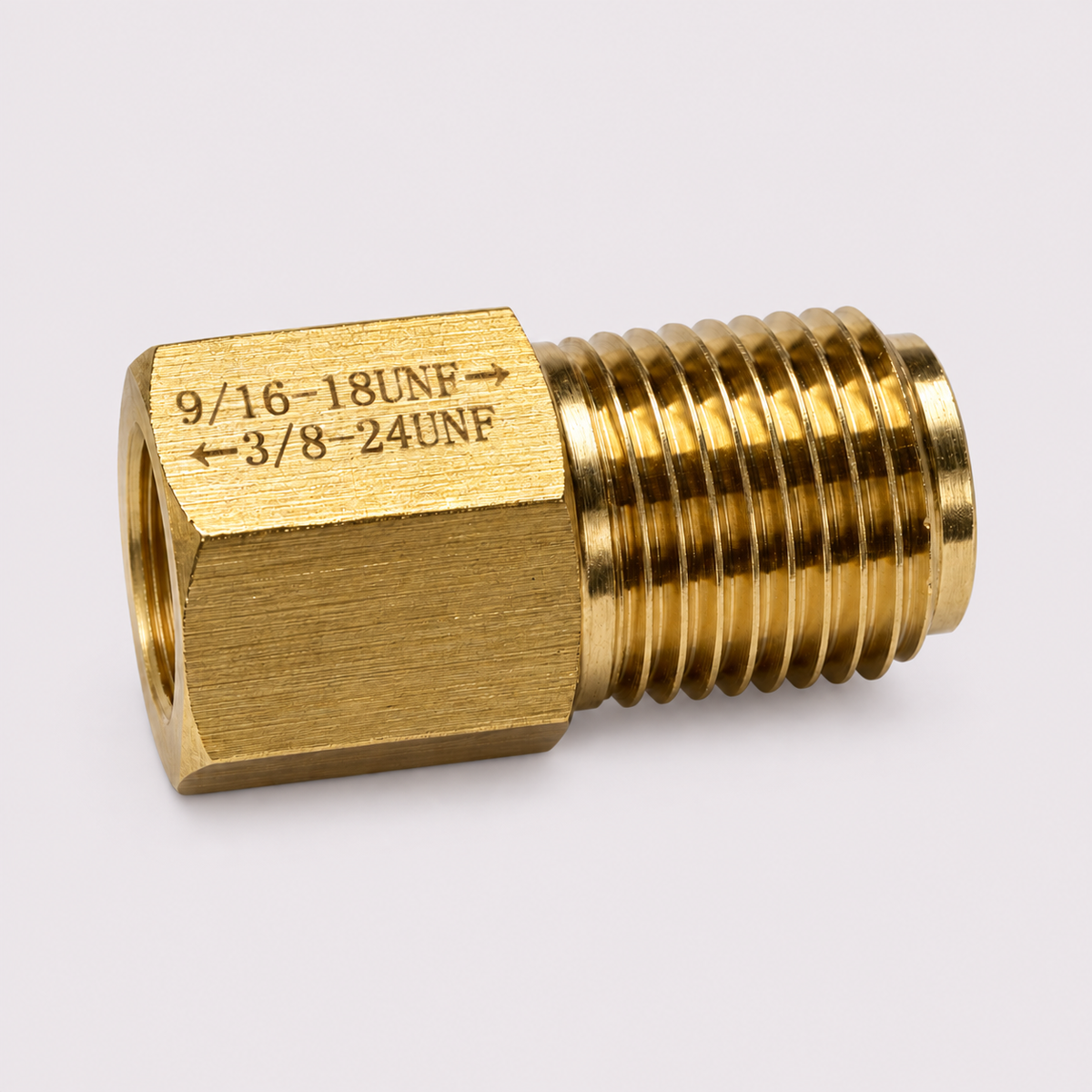 Brass Thread Adapter 9/16-18 UNF Male to 3/8-24 UNF Female