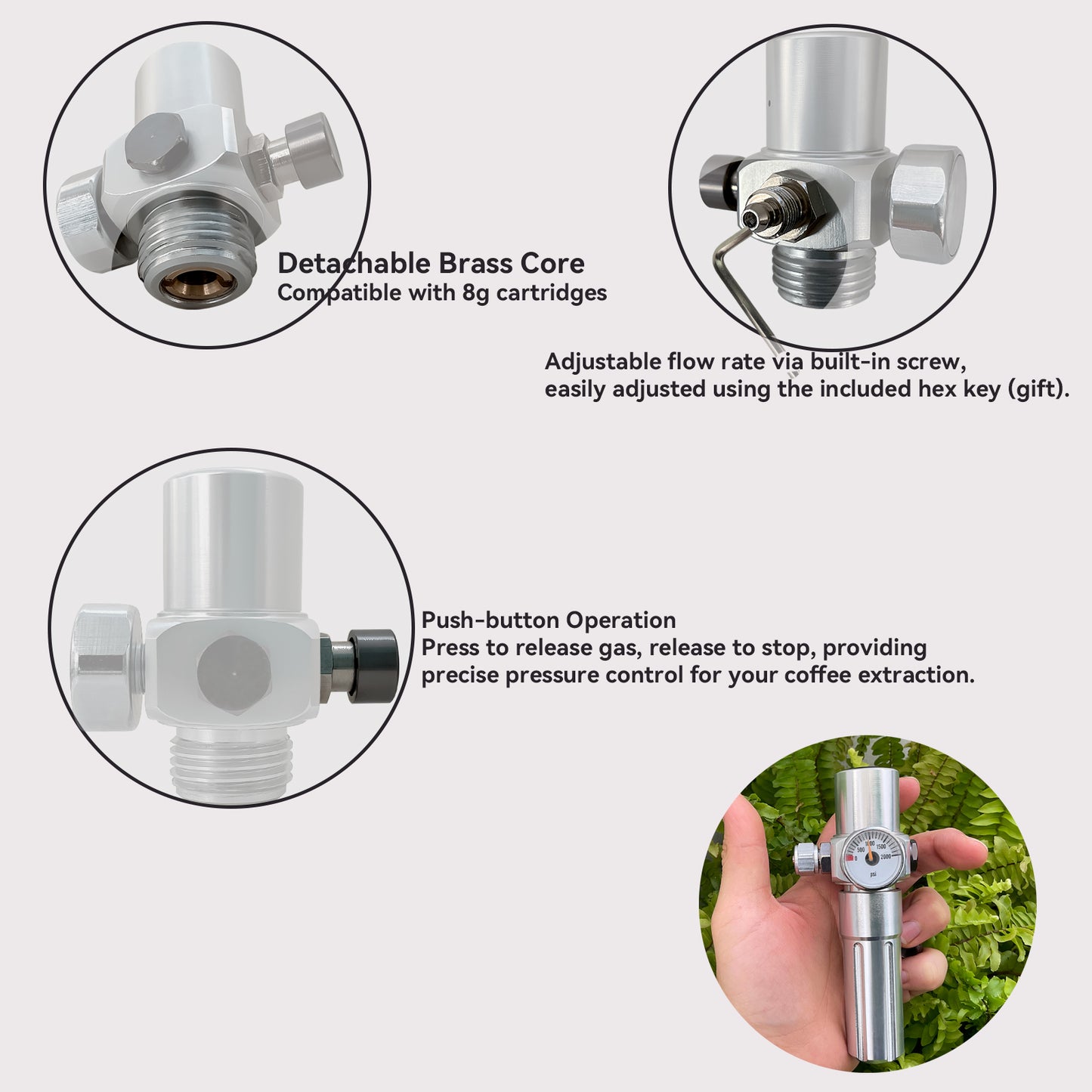11Bar Push-Button CO2 Regulator, 8g Cartridge, M10×1 Thread
