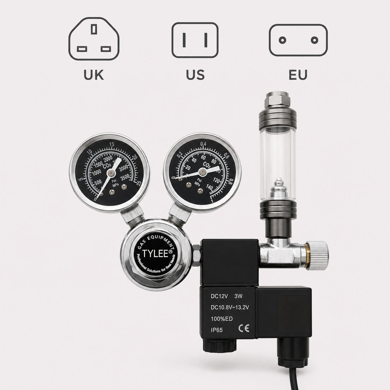 CO2 Regulator with Solenoid Valve and Bubble Counter, Brass