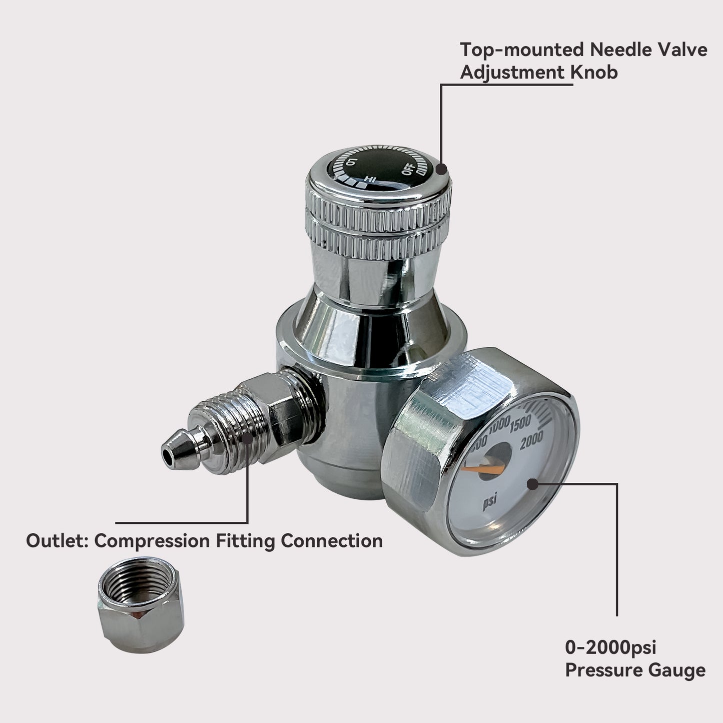 CO2 Flow Control Valve with Mini Gauge for 3/8-24unf Inlet Thread