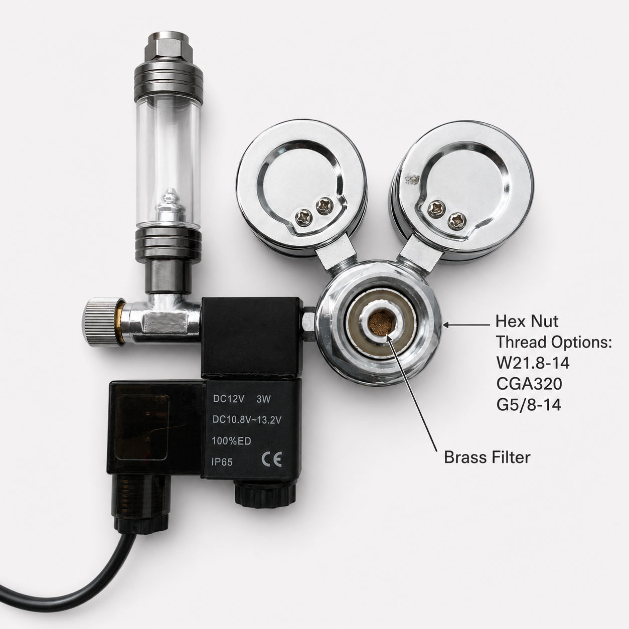 CO2 Regulator with Solenoid Valve and Bubble Counter, Brass