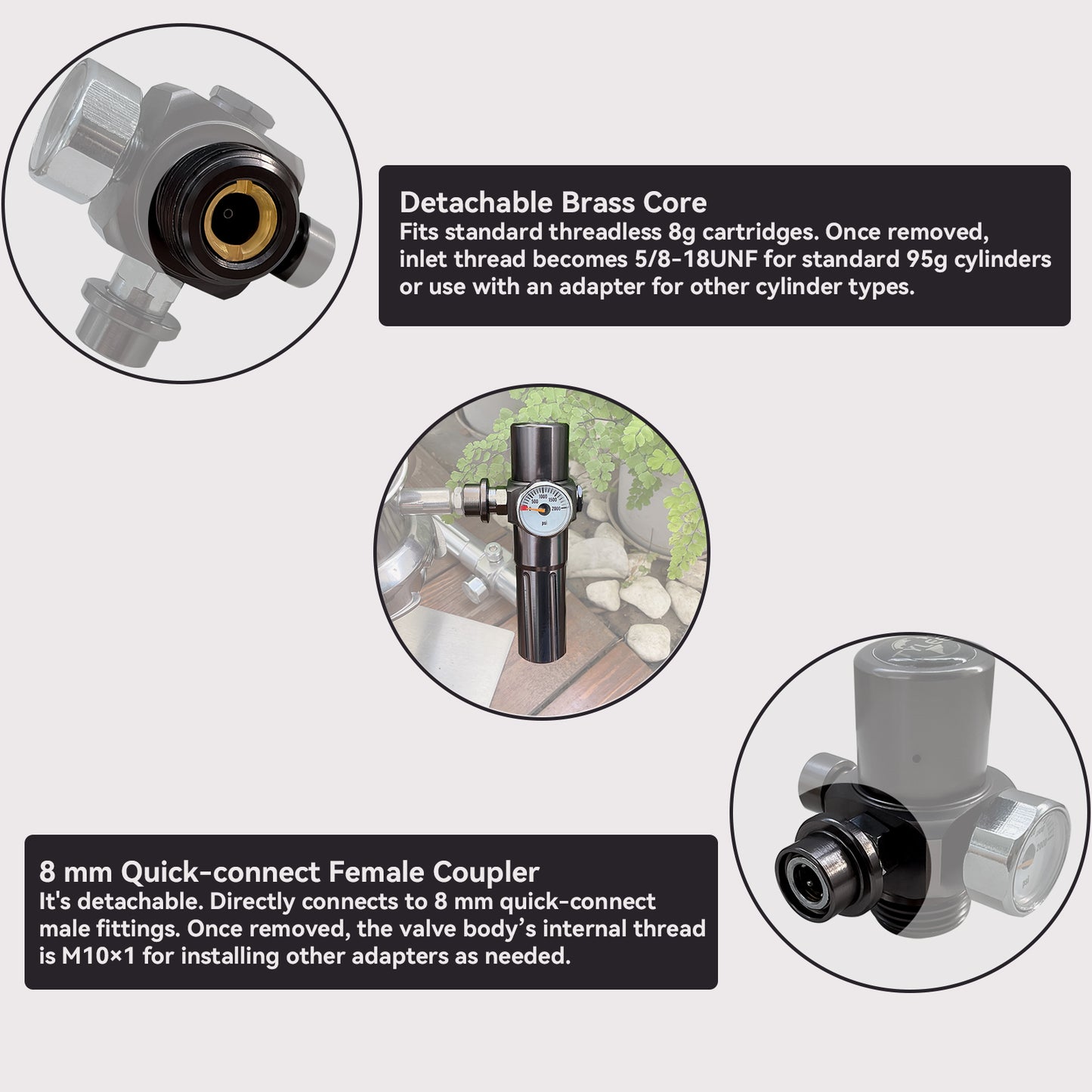Push-Button CO2 Regulator 11Bar, 8g Cartridge, 8mm Female Quick Connector