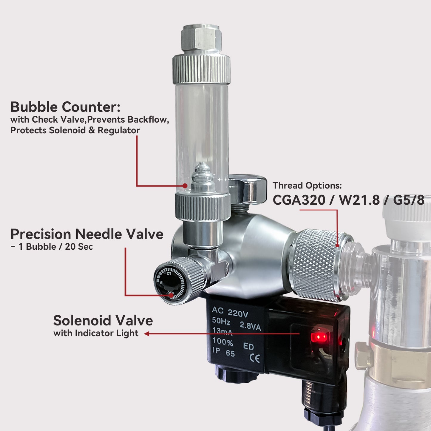 Aquarium CO₂ Regulator with Solenoid Valve & Bubble Counter